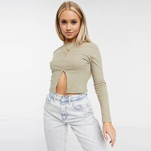 ASOS Used Design Split Front Long Sleeve Top Tan 4